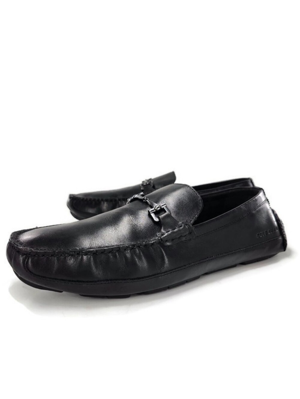 Cole Haan Grand Wyatt Smooth Black Leather Silver Bit Slip-On Driving Loafers